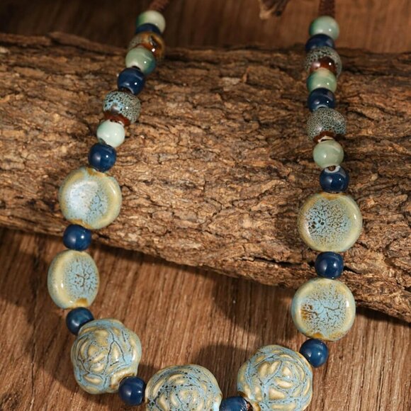 Boho Hippie Round Ceramic Beads Strand Necklace, Vintage Bohemian Summer Beach J - Picture 4 of 7